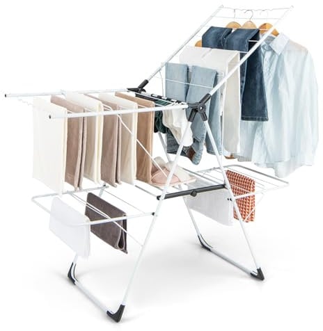 HOMASIS - Secador de ropa plegable con 2 alas ajustable en altura, tendedero de ropa con 33 rieles de secado, pinzas para calcetines, barras laterales (blanco)