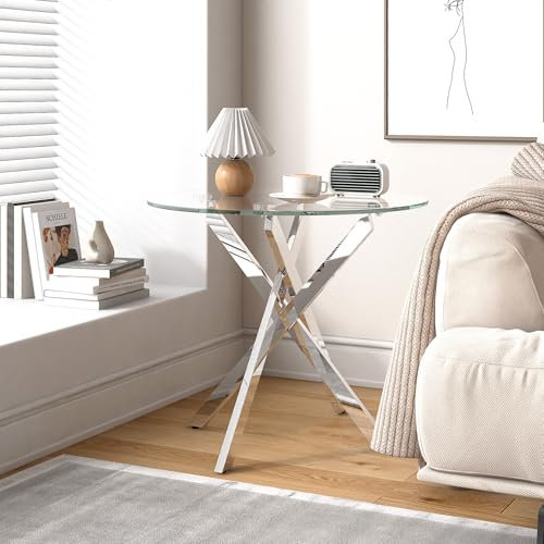 GOLDFAN Table d'appoint en verre avec pieds chromés pour salon, table d'appoint ronde de 50 cm, pour canapé, table de chevet moderne et contemporaine pour chambre à coucher