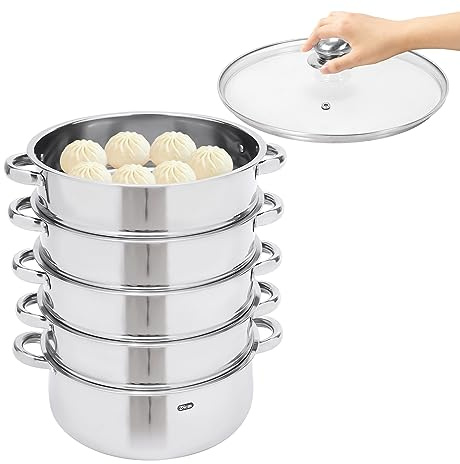 Dampfkocher 5-tlg Set, Edelstahl Gardampfkochtopf Set Ø 30 cm, Mantowarka Kochgeschirr mit Glasdeckel,für Induktionsherde, elektrische Keramikherde, Gasherde.