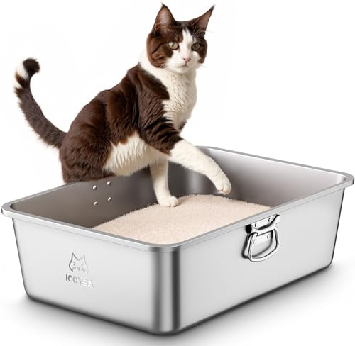 Edelstahl Katzenklo mit Griffen & Schaufel, Große Katzentoilette, XXL Katzentoilette Edelstahl Offen, Metall Katzenklo für Katzen Aller Größen & Kaninchen, Geruchsfrei, Leicht zu Reinigen, 60x40x20cm