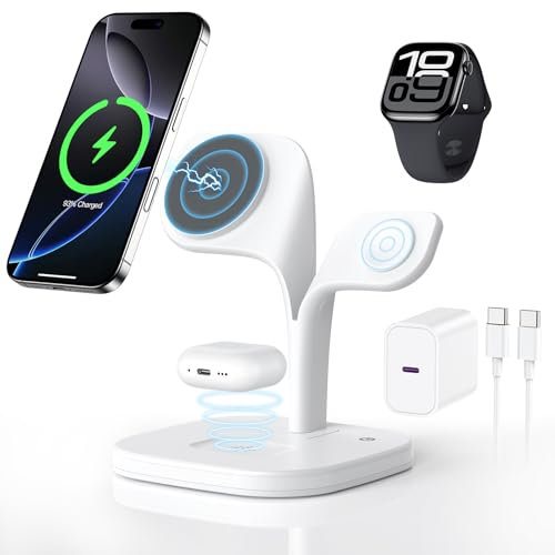 HJCE Caricabatterie Senza Fili con Mag-Safe,3 in 1 Stazione Di Ricarica per Apple Caricatore Wireless Charger per iPhone 16/15/14/13/12,per Apple Watch 10/9/8/7/6/SE/5/4/3 Ultra, per AirPods 4/3/2/Pro