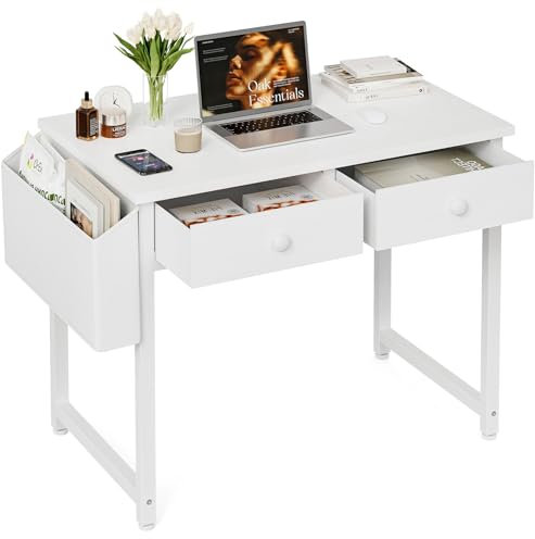 Grandder Petit bureau d'ordinateur avec 2 tiroirs en tissu, 80 cm, bureau de gaming avec compartiments de rangement et tiroirs, bureau pour petits espaces, blanc