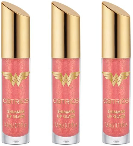 Catrice Wonder Woman Shimmer Lip Glaze, Lipgloss, Nr. 020, Pink, mit Ölen, glänzend, schimmernd, vegan, ohne Parabene, ohne Mikroplastikpartikel, Nanopartikel frei, 3er Pack (3x3.4ml)