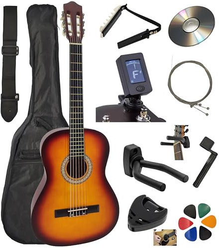 AMROVA Pack Guitare Classique 1/2 (Enfant 6-9 ans) + 10 Accessoires (Housse, Support Mural, Accordeur, Sangle, Capodastre, Cordes, 6 Médiators, Boîte) + Cours Vidéo & CD (Sunburst, 1/2, Droit)