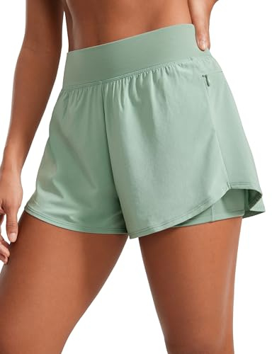 CRZ YOGA Damen Doppelschicht Laufshorts Hohe Taille 2 in 1 Kurze Hosen für Athletic Tennis Workout mit Reißverschlusstaschen - 8 cm Grüner Palmenhof 38