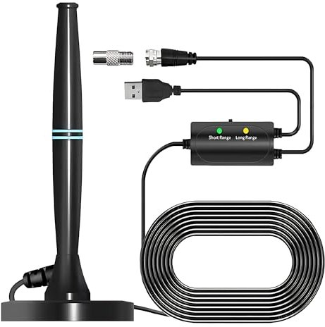 Antenne TV Intérieur Puissante, Antenne TV Intérieur Puissante Amplifiée avec Base Magnétique, CâBle Coaxial de 5m, Longue Distance 400km, pour 1080P 4K Chaînes Télévision Gratuites