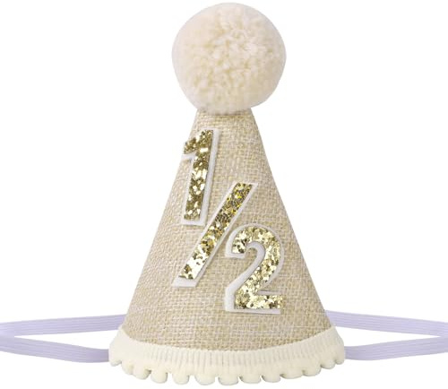 Alainzeo Halber Geburtstag Hut Verstellbar 6 Monate Meilenstein Baby Kegel Hut für Fotoshooting 1/2 Party Hut Outfit für Mädchen Jungen, Beige, Neugeboren