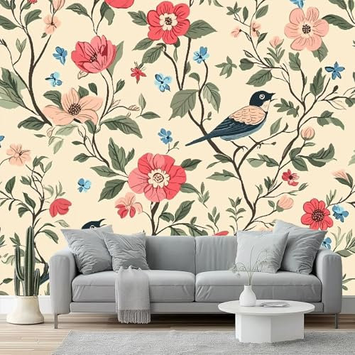 Fotomurales Flores y pájaros retro con flores Papel Tapiz Moderno 200 x 140 cm Papel pintado tejido no tejido coración Pared corativos Sala Living Oficina Dormitorio Color beige