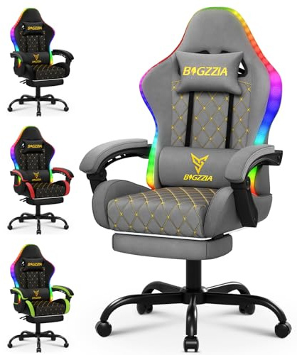 bigzzia Sedia Gaming con LED RGB, Sedia da Gaming Ergonomica con Supporto Lombare e Poggiapiedi, Sedie da Gioco Regolabile e Girevole con Una Capacità di Carico di 150 kg (Grigio)