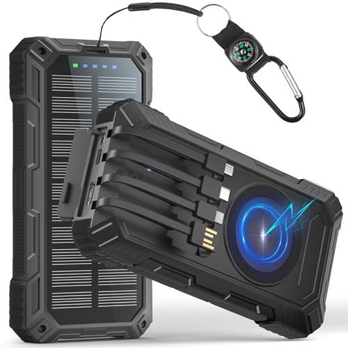 Batterie Externe Solaire 56800mAh avec 4 Câbles:30W Batterie Externe sans Fil Chargeur,Chargeur Portable Charge Rapide 6 Sorties 3 Entrées avec Lampe LED Camping Boussole pour Téléphones