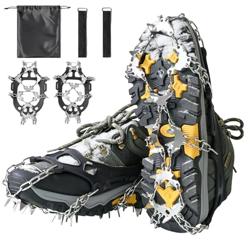 Steigeisen Eisstollen Traktion, Grödel Steigeisen für Bergschuhe mit 32 Zähne Verdickte Schuhkrallen aus Edelstahl Anti-Rutsch Schuhspikes für Schuhe Stiefel, Gehen, Joggen, Angeln, Wandern