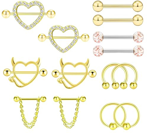 KSJEHW 14 Stücks 14G Nippelpiercing Chirurgenstahl für Damen Brustwarzenpiercing Zungenpiercing Edelstahl Nippel Piercing Schmetterling Herz Barbell Piercing Körperschmuck Set für Frauen Mädchen Gold