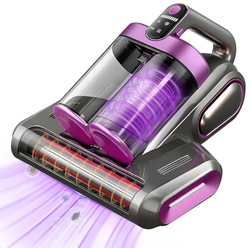 Kabelloser Milbensauger für Matratzen, Milbenstaubsauger mit 253,7nm UV-Licht, Ultraschall & Bürstenwalzenklopfen, Matratzensauger zur Entfernung von Staub-Milben, Allergenen & Tierhaaren (Lila)