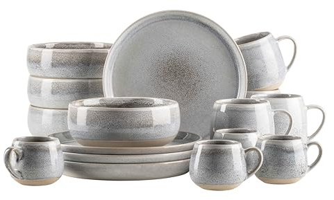 MÄSER Serie Aquata, Frühstücksset 16-teilig – Modernes Geschirr für 4 Personen, Steinzeug, Grau