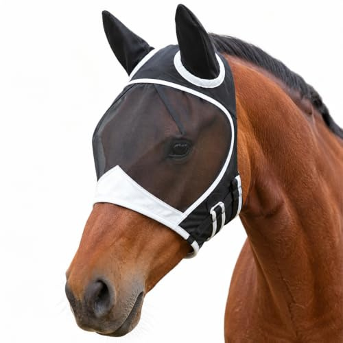 Zolara Masque Anti-Mouches Cheval, Masque Anti-Mouches Respirant pour Cheval avec Couvre-Oreilles, avec Bande Auto-Agrippante et Tissu en Maille Respirant, Convient À Toutes Sortes de Chevaux(Noir, L)