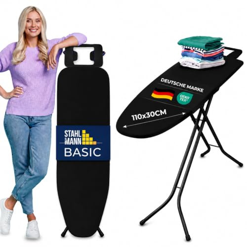 STAHLMANN® Bügelbrett Schwarz [110 × 30 cm] höhenverstellbar klappbar | Made in Europe | Bügeleisenablage | platzsparend | rutschfeste Standfüße | Ironing Board