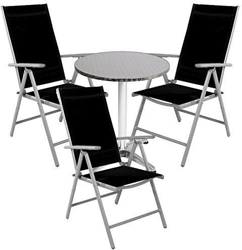 Mojawo® - Bistrogarnitur - 4-teilig - Bistrotisch Glas/Metall Rund 60cm Höhenverstellbar 75/115cm Silber + 3 Hochlehner/Positionsstuhl Klappstuhl Aluminium/Textilen Silber/Schwarz