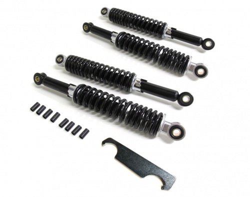 4x Stoßdämpfer Schwarz Tieferlegung Set 26cm & 28cm passend für Simson Schwalbe KR51 inkl. Einstellschlüssel – Hydraulisch gefedert, 5-fach verstellbar