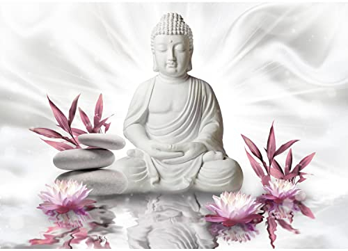 Runa Art Fototapete Buddha Blumen Zen 352 x 250 cm Vlies Tapeten XXL Moderne Wandtapete Wohnzimmer Schlafzimmer Weiss Rosa 9289011a