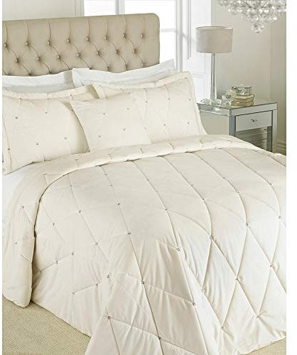 Paoletti Riva New Diamante Bedspread Set - Creme - Diamante Kristall Pailletten - Gesteppte Geometric Design - 2 X Kissen Shams Inklusive - 100% Polyester - 220 X 240 Cm (87 X 94 Zoll)