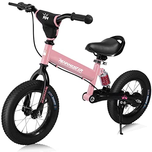 RENNMEISTER® Laufrad ab 3 Jahren mit Bremse Balance Bike Kinder bis 50kg Lenker & Sattel Höhenverstellbar Lauflernrad Luftreifen Fahrradständer Federung Mädchen Rosa