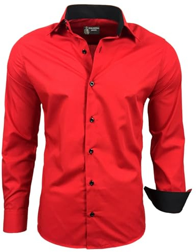 Subliminal Mode - Repassage Facile Chemise Homme Col Bicolore Uni Manches Longues Coupe Slim Business Idée Cadeau, Noël, Saint Valentin RN44,M,Rouge