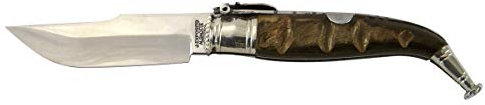 Expósito Navaja Albaceteña Nº 1 hoja de acero 12c27 de 9 cm, alpaca y cuerno de muflón con carraca CA/103-MU artesanal clásica de Albacete. Original y única + Portabotellas regalo
