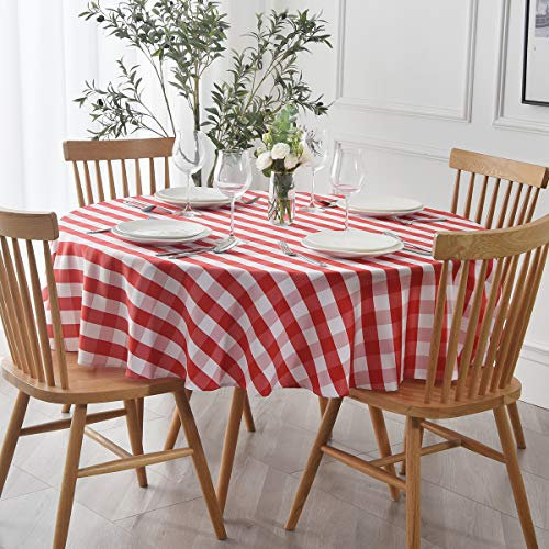 maxmill Runde karierte Tischdecke, auslaufsicher, knitterfrei, schweres Gingham-Tischtuch für runde Tischdecken, Büffelkariert, für Buffet, Bankett, Partys, Urlaub, Abendessen, 177,8 cm, rot und weiß