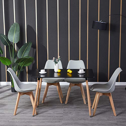 H.J WeDoo Esszimmergruppe mit 4 Essstühlen, Rechteckig Esstisch und Stühle für Esszimmer, Küche, Wohnzimmer, Schwarz Esstisch und Grau Stühle