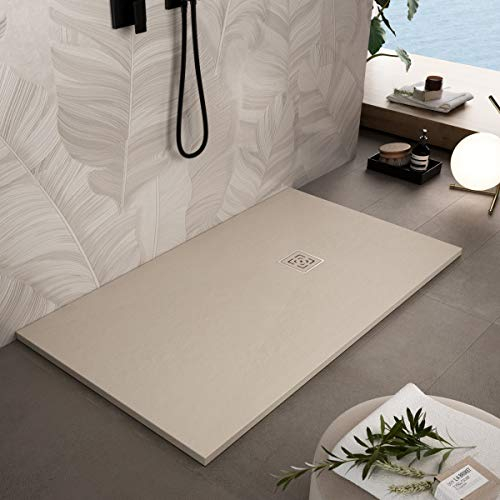 Essence ArredoBagno Plato de ducha de resina 180 x 80 cm – Efecto piedra antideslizante con gel coat – Modelo Rome crema – Rejilla y desagüe incluidos