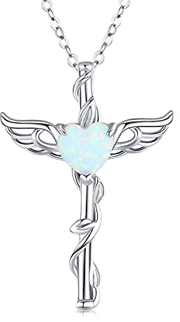 Midir&Etain Kreuz Kette 925 Sterling Silber Engel Flügel Kreuz Anhänger Halskette Opal Herz Halskette Engel Schmuck Kreuz Geschenke für Frauen