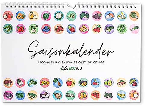 Saisonkalender für Obst und Gemüse EcoYou - A4 - Immerwährender Wandkalender - Küchenkalender zum Aufhängen - Ewiger Saisonkalender -Made in Germany