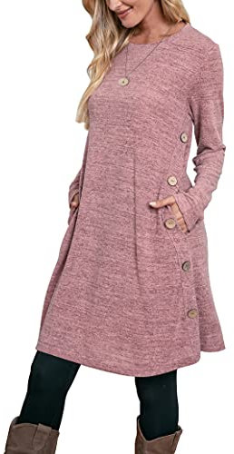 Aokosor Jumper Dress for Women Long Sleeve Dress Ladies Button Tunic Dress with Pockets Pink Size 10-12
