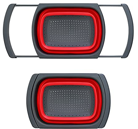 sararui Colador de Cocina Cesta de Drenaje Silicona Cuadrada Plegable sobre el Fregadero colador retráctil con Mango de Cocina Plegable colador de tazos Colador de Lavado de Alimentos (Color : Red)