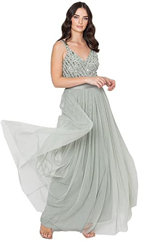 Maya Deluxe Women's Ladies Maxi Dress Long Length Wedding Guest Bridesmaid Prom Summer Evening Gown V Neck Straps Bow Tie, Green Lily, 26