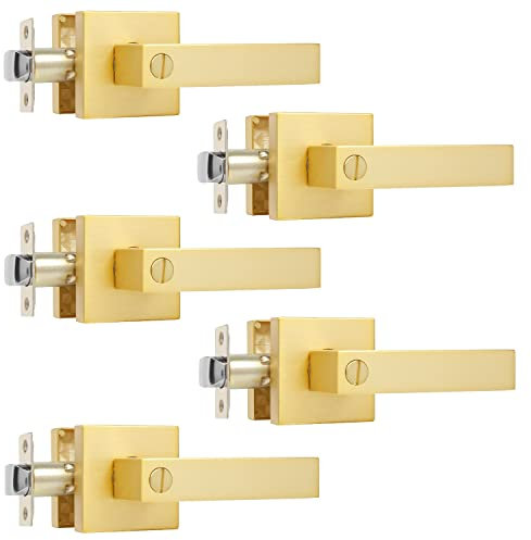 Leydebong 5 Pack Gold Door Handles, Door Knobs Interior Gold Square, Privacy Interior Door Levers Bedroom and Bathroom Door Handles Keyless Bed/Bath Lockset