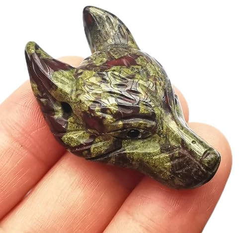 Manekieko Natürlicher Drachenblut Jaspis 40mm Wolfskopf Taschenkristalle Und Heilsteinfigur, Haped DIY – Schmuckanhänger