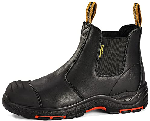 SAFEYEAR Heavy Duty Men Safety Work Boots, S3 Black Site Dealer Safety Trainer Shoes, Wide Fit Composite Toe Cap, Laceless Slip On Waterproof Leather for Site Construction, Comfortable Gel Insole