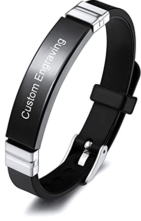 INBLUE Bracciale con Targhetta Personalizzata Nome/Citazione Targhetta in Acciaio Inossidabile Bracciale Regolabile in Silicone per Uomo Donna (Cinturino Nero e Etichetta Nera 1)