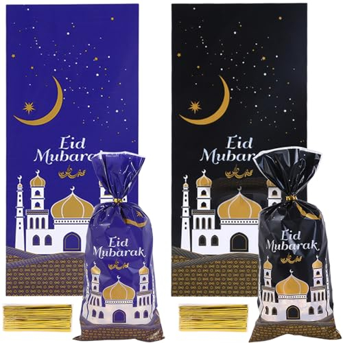 100 Stück Eid Mubarak Tüten, Ramadan Tüten zum Befüllen Geschenktüten Thema Bedruckt Muster Geschenktasche, Eid Mubarak Dekoration Bayram Geschenke Tüten mit 100 Goldenen Bändern für Eid Mubarak Deko