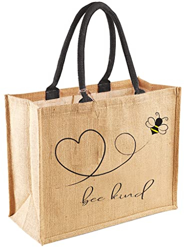 Super Lemon Wiederverwendbare Bee Kind bestickte Jutebeutel mit schwarzen Baumwollgriffen, wiederverwendbare Tasche zum Einkaufen, Geschenkverpacken, Tragetasche, Basteln, schwere Lebensmittel, Strand