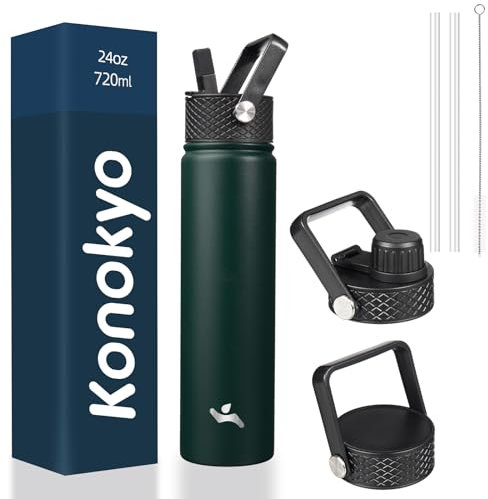 Konokyo Borraccia termica con cannuccia, 680 g, 3 coperchi in metallo, in acciaio inox, colore verde militare