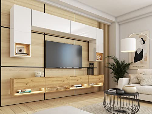 BROMARKT Premium Wohnwand Wohnzimmer Set 6 Teile – Wohnzimmer Schrank - Wohnzimmer Möbel mit TV Schrank - Wohnzimmerschrank Komplett Möbel - Eiche Craft und Hochglanz Weiß