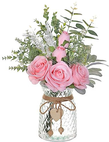 VIERENA Flores Artificiales con jarrón, Rosas Artificiales de Seda, arreglo Floral de eucalipto, hogar, Oficina, Granja, baño, Mesa de Comedor, decoración de Mesa de café (Rosa)
