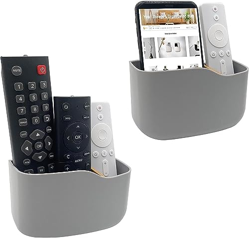 Adhesive Remote Control Holder 2 Pack Wall Mount Media Player Controller Holder Universal TV Remote Organizer Caddy Box Tray Hollow Bottom Easy Phone Charging Home Office Desk Nightstand,Grey