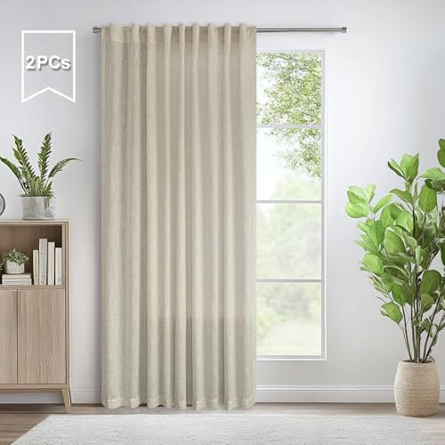 PiTalk Pitalk Rustic Farmhouse Curtains 60 Inch Wide Living Room Extra Large Beige Linen Drapes Semi Sheer Room Divider Curtain Patio Sliding Glass Door 2 Panel Back Tab Pocket Width 60 x 96 Long Tan