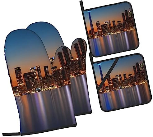 Night Canada Ofenhandschuhe und Topflappen Set, hitzebeständige Ofenhandschuhe und Topflappen, Grillhandschuhe, Hot Pads, Kochhandschuhe für Küche, Backen, Grillen, 4-teiliges Set
