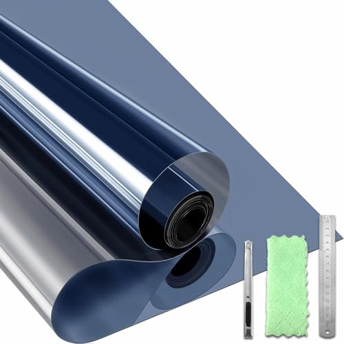 Qualsen Vinilo Adhesivo Cristal Vinilo Espejo para Ventanas Privacidad Anti UV Control del Calor Película de Unidireccional Reflectante Vinilos para Cristales (Azul-Plateado,90x200cm)