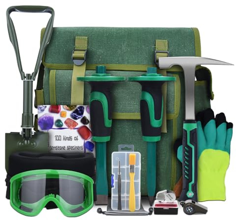 16 PCS Rock Hounding Equipment, Geology Rock Pick Hammer Kit | 32oz Hammer, 2PCS 12 Mason Concrete Chisel, Gear Shovel, Musette Bag,for Rock Hounding, Gold Mining & Prospecting