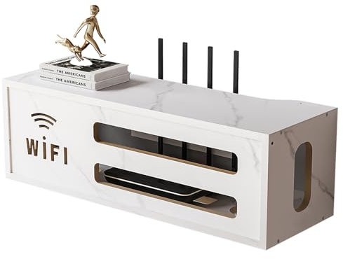 NUODWELL Scatola portaoggetti da parete per router WiFi, in legno, con ripiani galleggianti, per TV, cavo di alimentazione, per camera da letto, soggiorno (bianco)